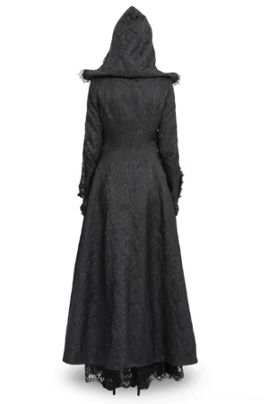 Gothic hooded long coat back view, showing floor-length hem and fitted silhouette on mannequin