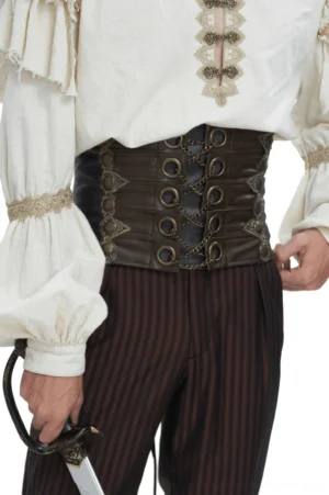 Brown faux leather gothic corset belt side view showing metal eyelets and chain accents on male model