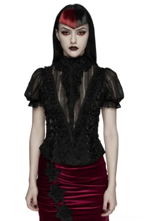Black gothic lace-up bubble sleeve blouse front view with sheer floral lace panel and ruffled high collar