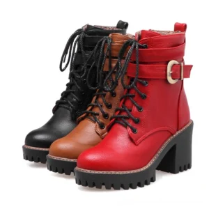 Gothic lace-up buckle ankle boots with square block heel in mixed colors - front three-quarter view showcasing chunky lug sole