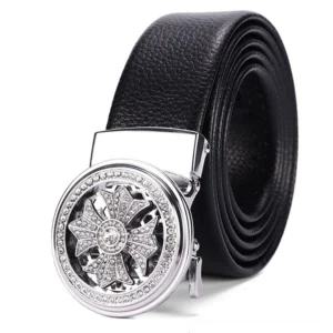 Men's gothic automatic buckle belt with silver rhinestone rotary buckle and black lychee grain genuine leather strap - overhead studio view