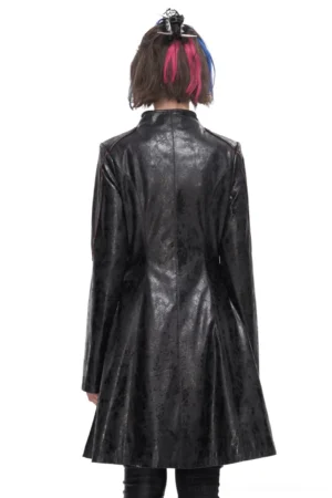Black cracked faux leather gothic coat with A-line flared hem - rear view on alternative model