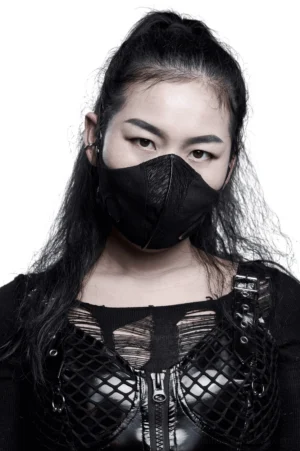 Gothic adjustable buckle face mask with woven texture and metal hardware, shown on model in frontal close-up view