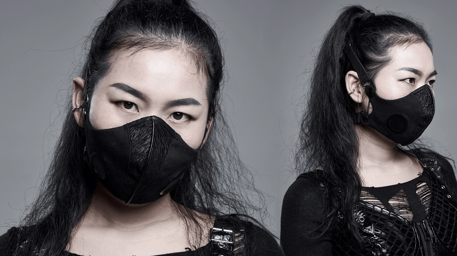 Black gothic face mask worn with punk goth street outfit on model, combined front and side view