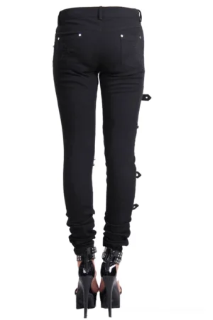 Black steampunk distressed trousers rear view showing back pockets and buckle strap details