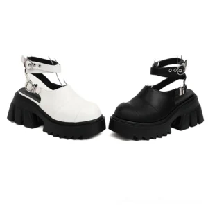 Gothic platform buckle sandals - white and black two-tone design with adjustable metal ankle strap