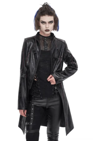 Black cracked faux leather gothic coat with buckle straps and red piping - front view on goth model