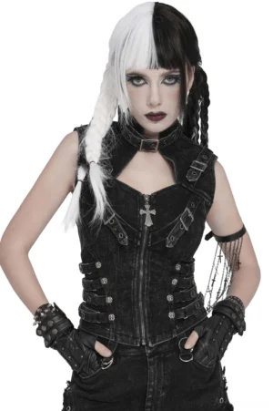 Black distressed gothic buckle waistcoat front view with cross zipper pendant and side metal buckle straps on model with split hair