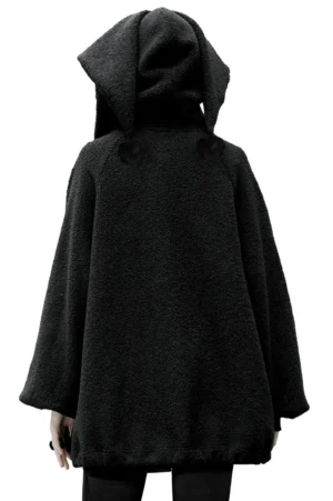 Black gothic bunny hooded fleece jacket back full view showcasing fuzzy fleece texture and adjustable hem drawstrings on white background