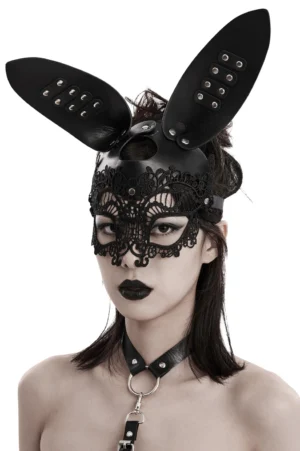 Gothic bunny masquerade mask with adjustable neck strap and O-ring collar on model with black lipstick, three-quarter view