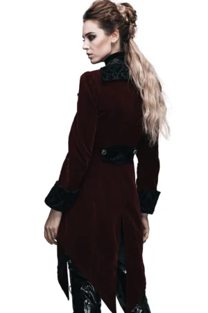 Burgundy gothic velvet coat side rear view - asymmetrical hem and decorative waist belt detail