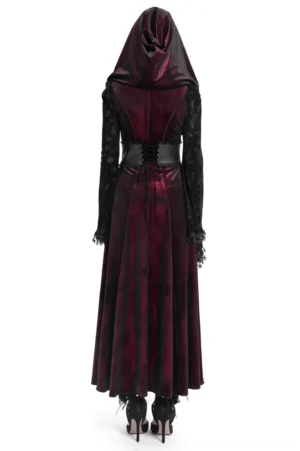 Gothic burgundy maxi coat with hooded lace detailing and black lace sleeves, full back view on mannequin displaying corset waist structure