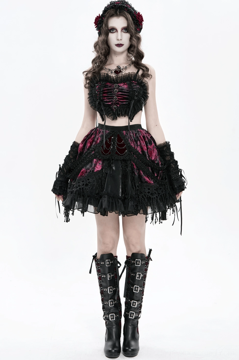 Gothic bustier layering option showing how sheer mesh back allows for versatile styling with alternative fashion pieces