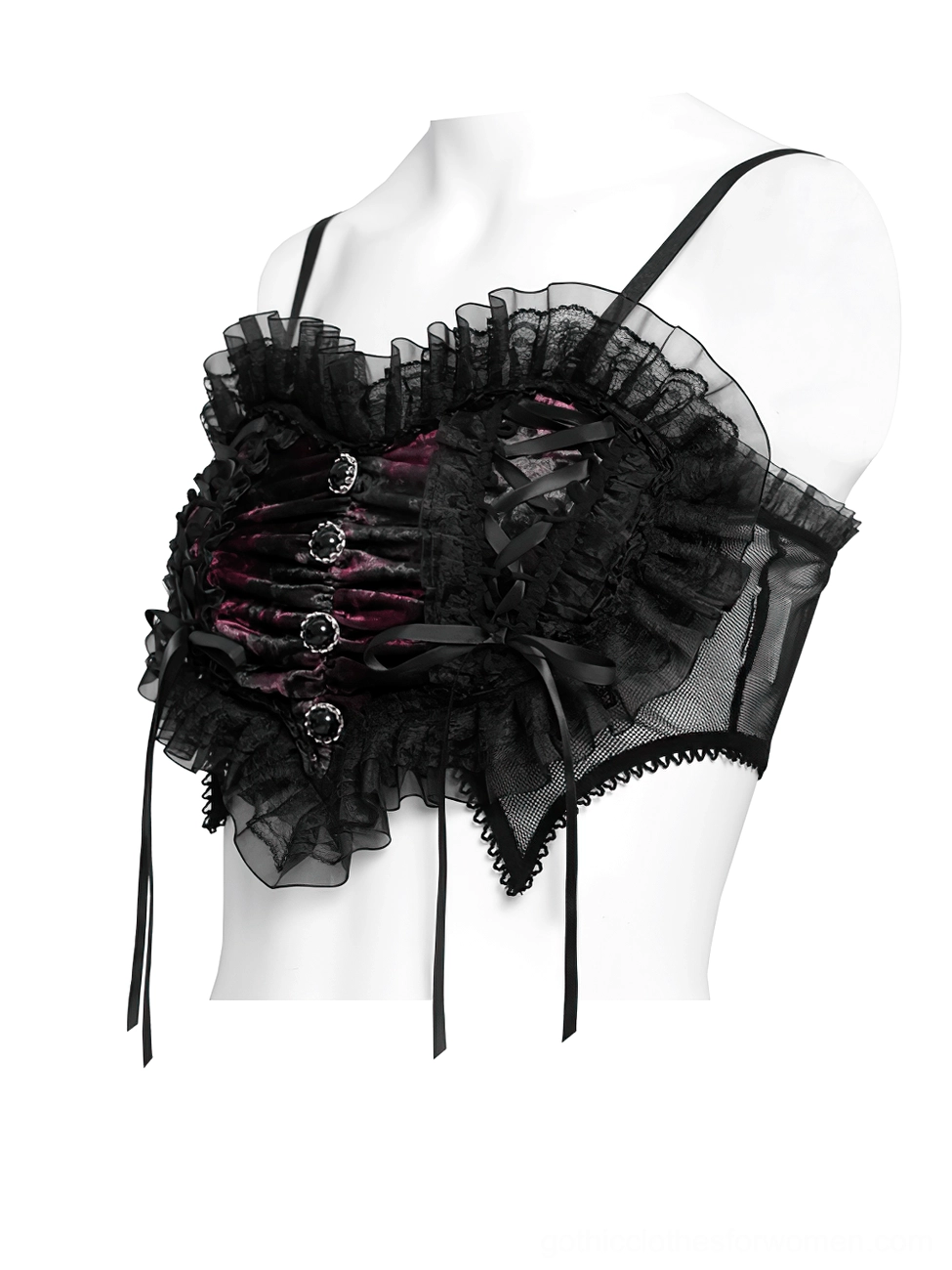 Three-quarter side view of black mesh gothic bustier on mannequin, showing adjustable spaghetti straps, side ribbon lace-up ties, and ruffle edge detail