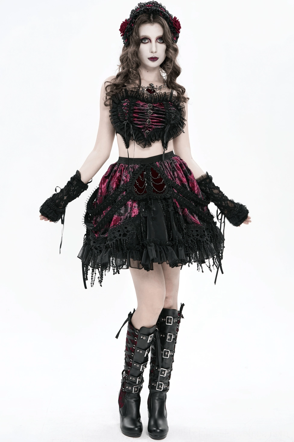 Alternative angle of black mesh burgundy velvet gothic bustier crop top showing strap adjustment and side lace-up functionality