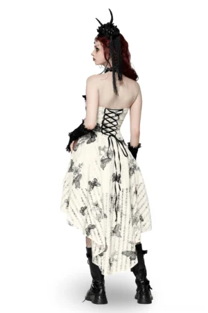 Gothic butterfly dress back detail showing corset lace-up closure, asymmetric high-low hemline, and winged shoulder pads on model