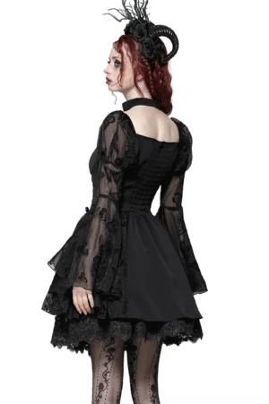 Black gothic butterfly mini dress back view showing shirred panel and detachable choker