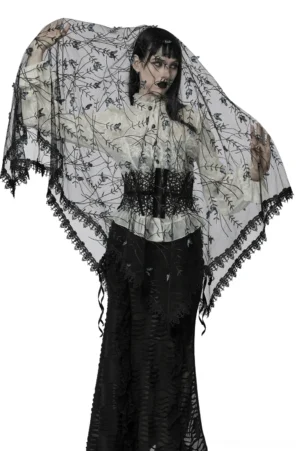 Gothic butterfly veil three-quarter angle on goth model, featuring draped lace over shoulders with embroidered vine patterns and romantic dark aesthetic