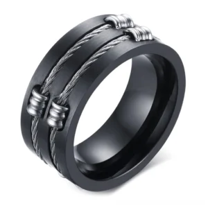 Black stainless steel gothic cable ring with twisted wire inlay, 3/4 oblique angle showing brushed metal finish and embedded twisted wire design