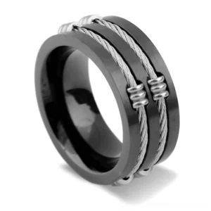 Alternative gothic ring side view displaying spiral cable wrapped design, polished inner band, and IP black plated exterior
