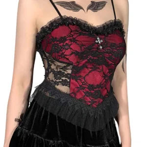Gothic lace camisole side view showing adjustable spaghetti straps and sheer lace panels on female model