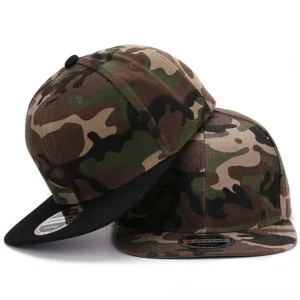 Two black and woodland camouflage snapback baseball caps displayed from oblique side angle on white background