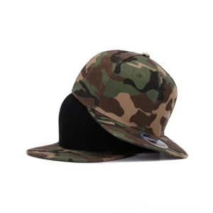 Stacked camo and black snapback caps front oblique view showing visor construction and crown button detail