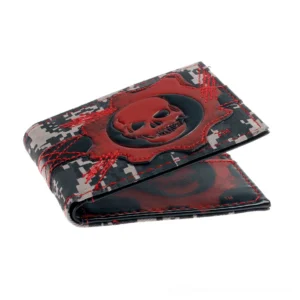 Gothic camo PU leather wallet tilted side angle showing embossed skull emblem and red decorative stitching details