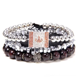 Handcrafted multi-strand Canada flag charm bracelet featuring layered natural stone beads, silver metal accents, and flag rhinestone pendant