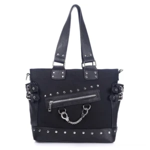 Black gothic canvas tote bag front view with handcuff chain and rivet embellishments, displayed flat on white background