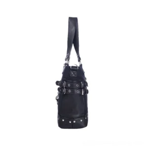 Black gothic tote bag side and rear perspective showing buckle straps and studded bottom trim details