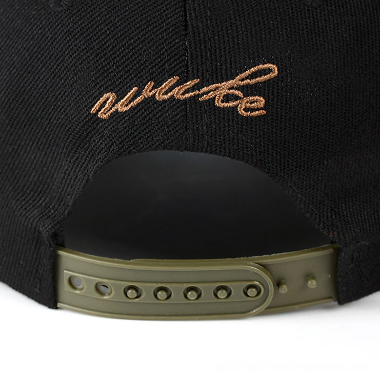 Adjustable olive green strap on gothic baseball cap rear view close-up with embroidery detail