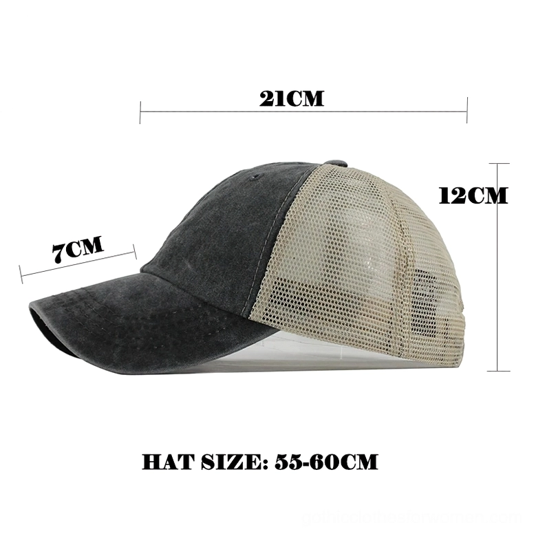 Gothic unisex trucker baseball cap adjustment mechanism and mesh rear panel construction detail