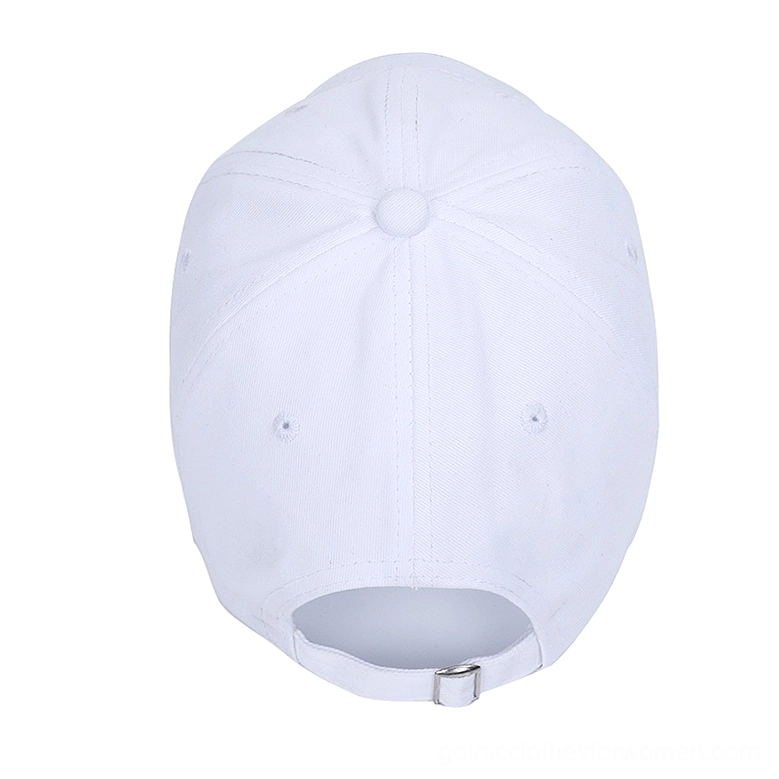 White gothic cap rear view showing adjustable buckle strap closure and crown seam stitching details, dark aesthetic baseball cap back detail