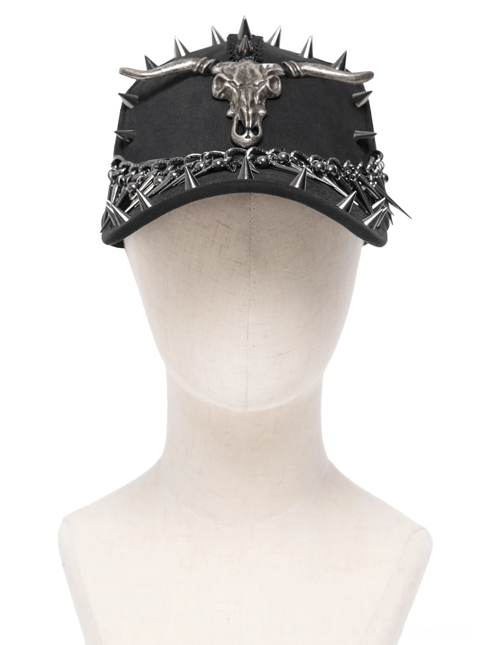 Black gothic bull skull baseball cap on mannequin showing full metal spike and chain embellishments front display