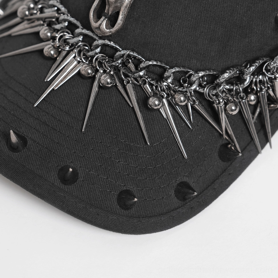 Gothic spike baseball cap close-up showing intricate bull skull plaque and metal spike crown embellishment