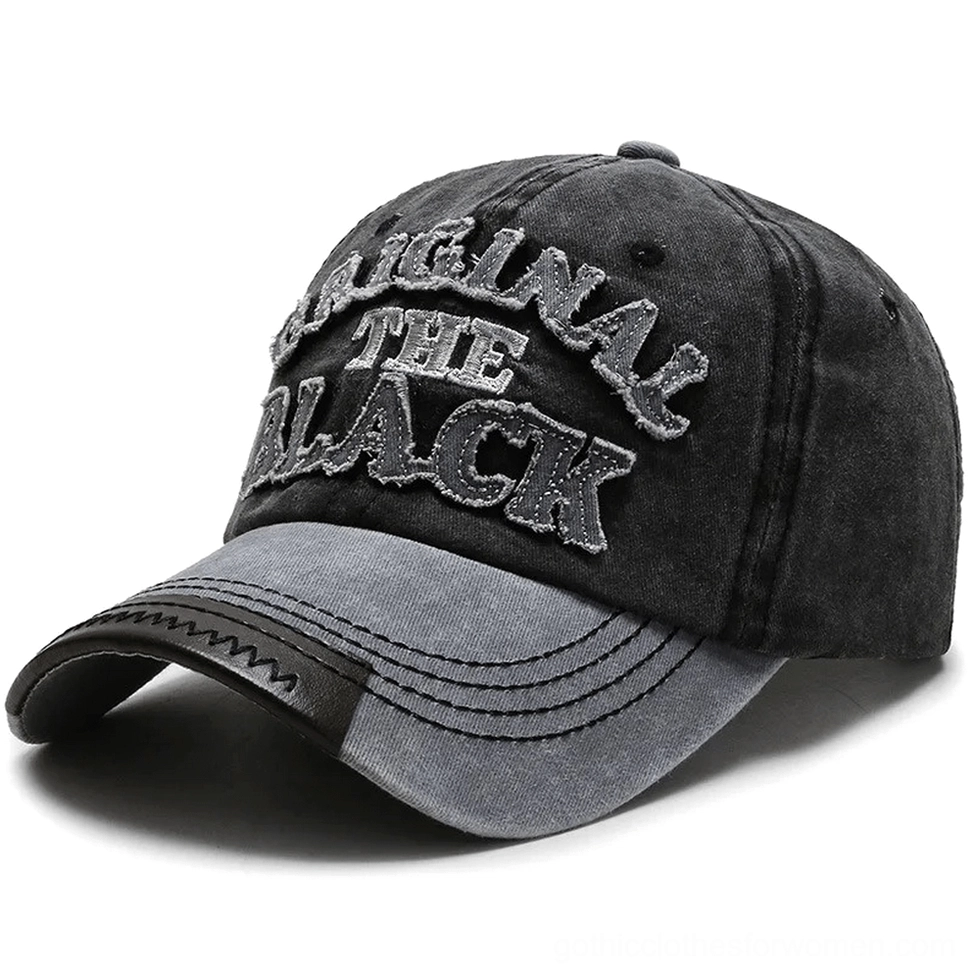Faded gray and black two-tone goth snapback cap with distressed fabric texture