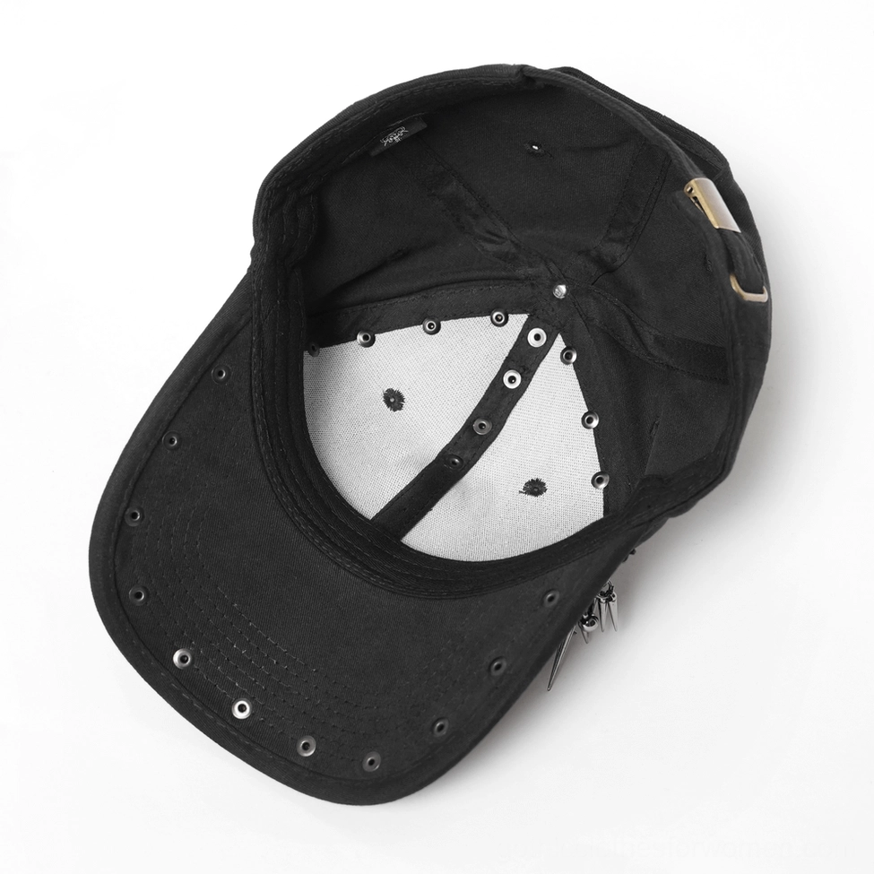 Interior flat lay view of gothic baseball cap showing fabric lining, eyelet vents, and adjustable back strap mechanism