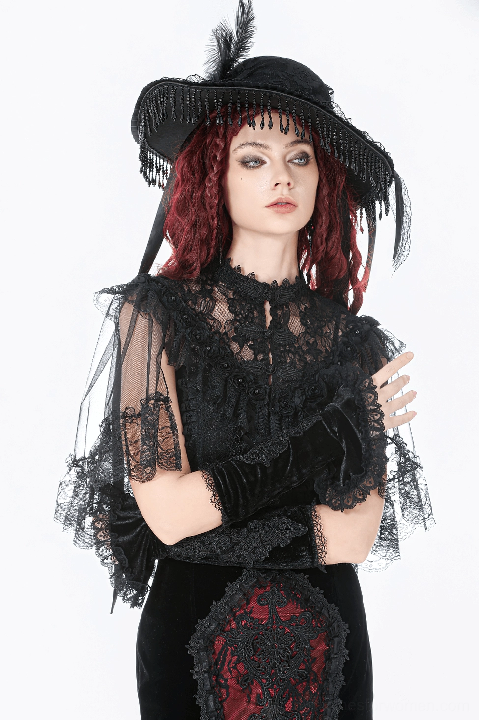 Gothic cap with intricate lace pattern, beaded fringe detail, and feather rose embellishment