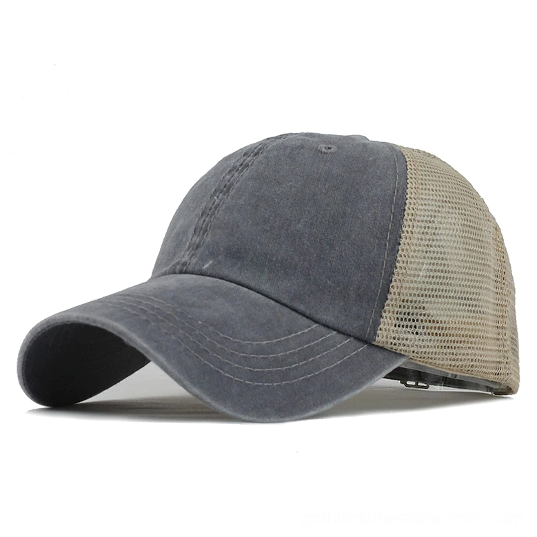 Light gray washed trucker baseball cap with beige mesh back and adjustable closure for gothic wear