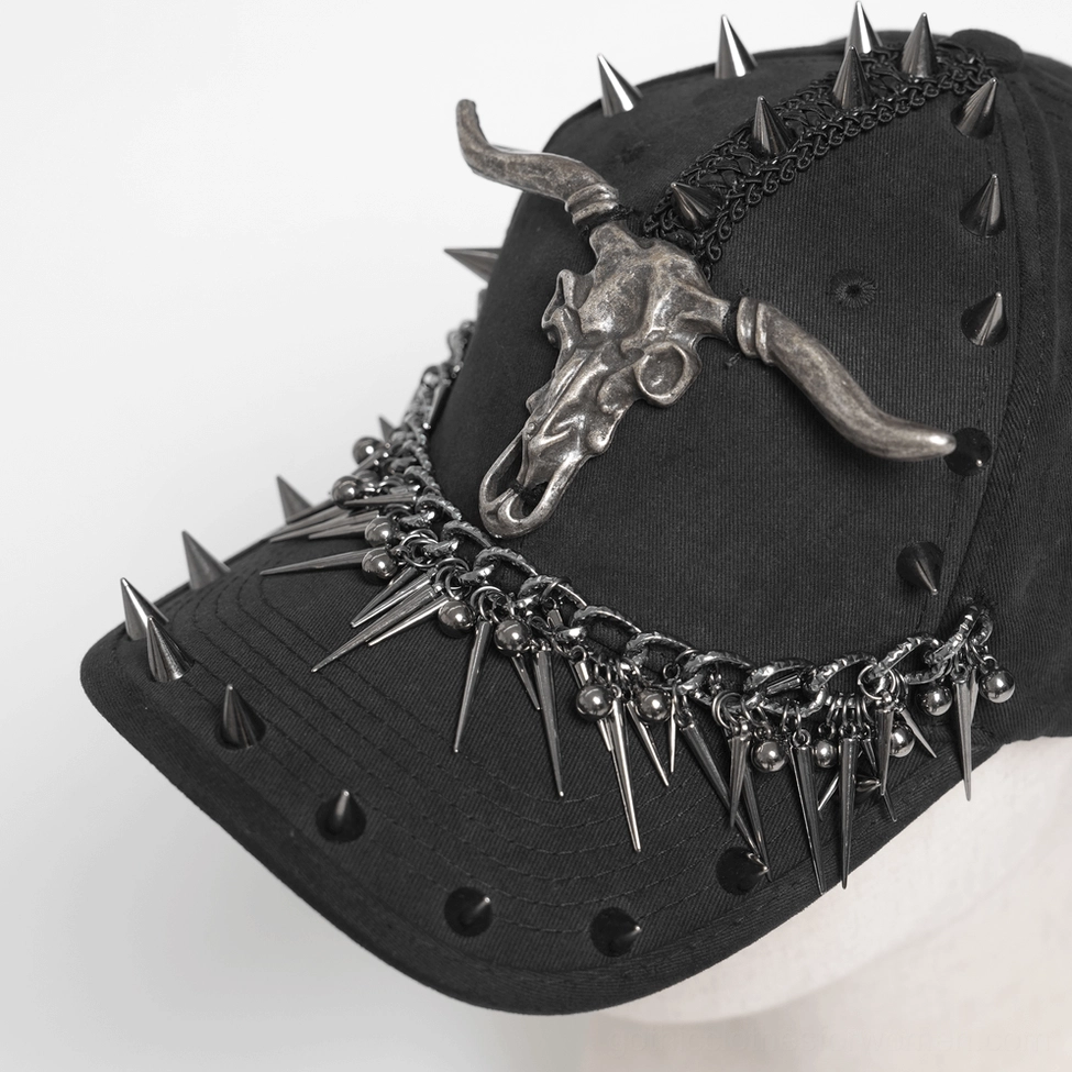 Black gothic metal spike bull skull baseball cap showing premium craftsmanship and chain trim assembly detail