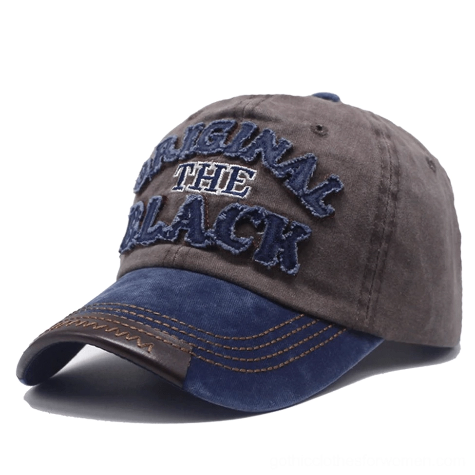 Navy blue and red gothic baseball cap jewel-tone dark aesthetic vintage finish