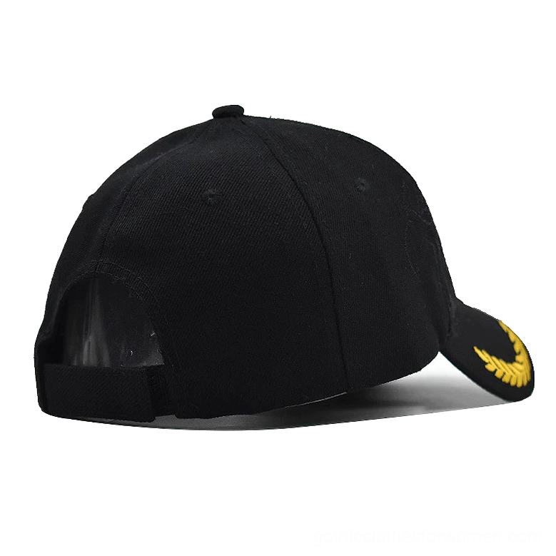 Rear view gothic tactical cap showing adjustable strap and golden wheat embroidery on brim edge