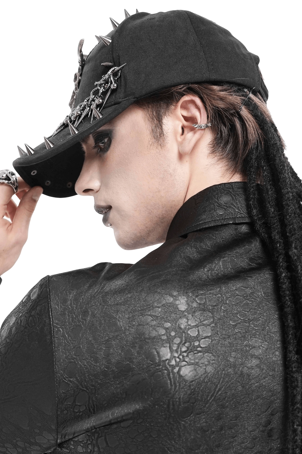 Gothic bull skull spike chain baseball cap rear profile view showing adjustable back strap and crown spike details