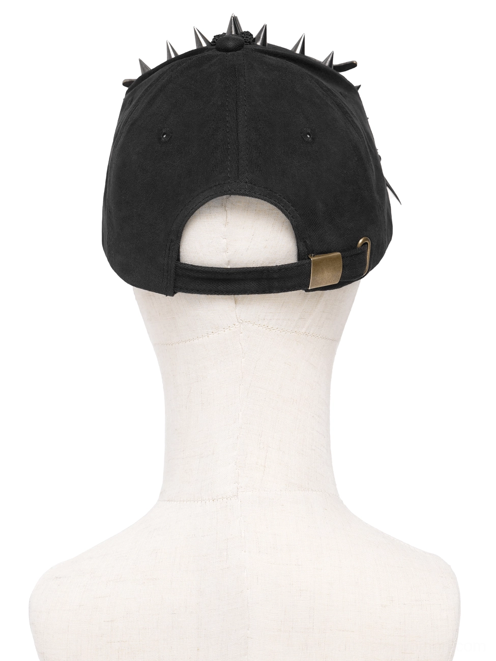 Black gothic baseball cap rear view on mannequin highlighting crown metal spikes and adjustable buckle back strap