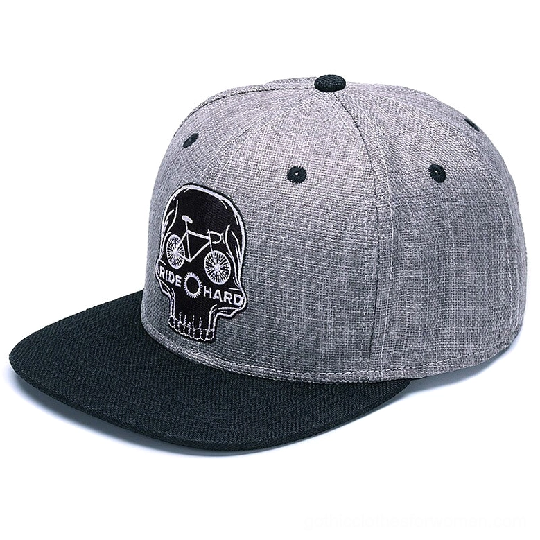 Right side profile of skull rider snapback cap showing flat brim and heather gray crown construction