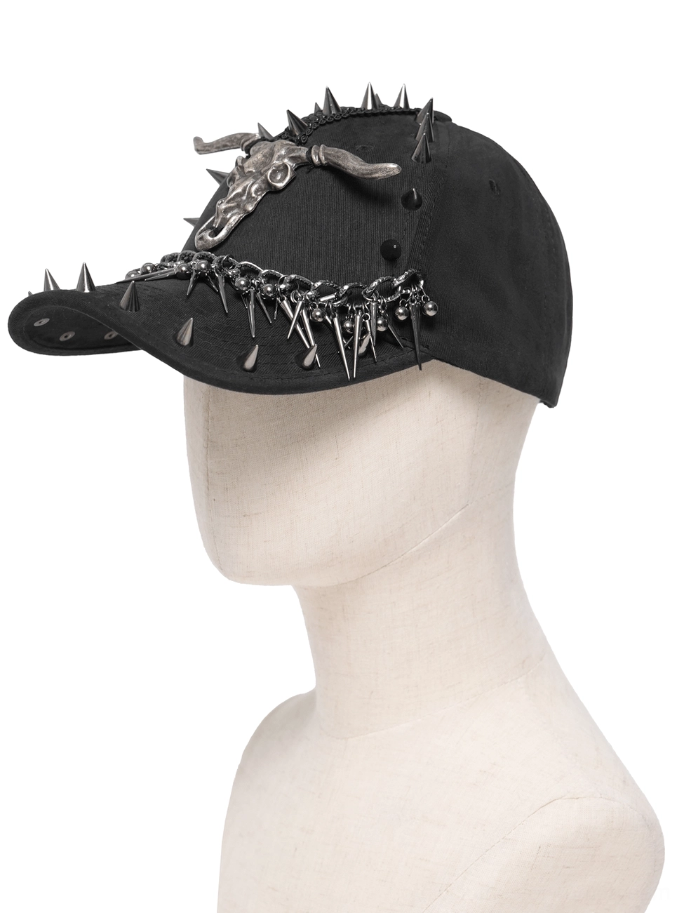 Gothic spiked baseball cap side view on mannequin showcasing brim spike-chain details and bull skull crown decoration