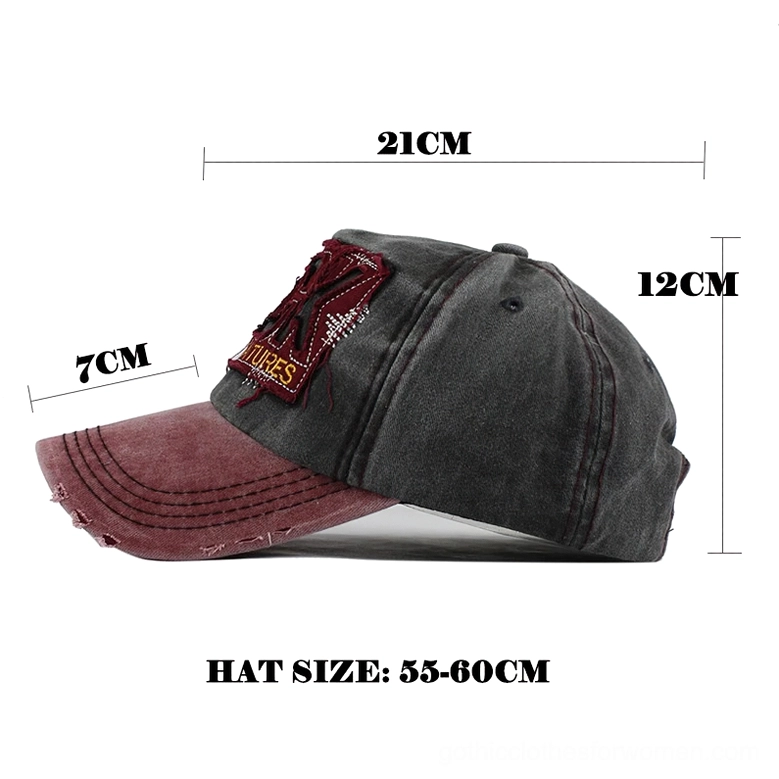 Dark grey and maroon gothic baseball cap side profile with printed sizing specification 55-60cm measurement markers