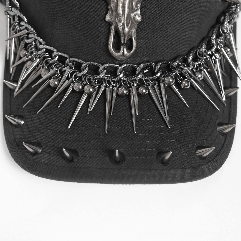Metal spike gothic bull skull baseball cap detail shot emphasizing zinc alloy hardware and chain components