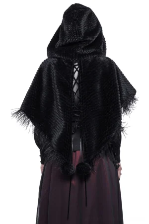 Gothic hooded capelet back view showing lace-up design and fluffy pom-pom hem trim on mannequin